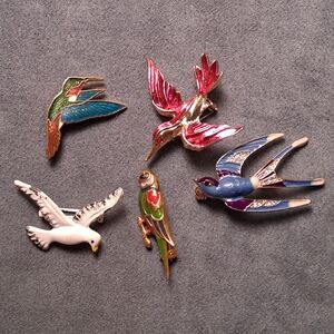 Vintage Bird Brooch Group Lot (5) Hummingbird Swallow Parrot